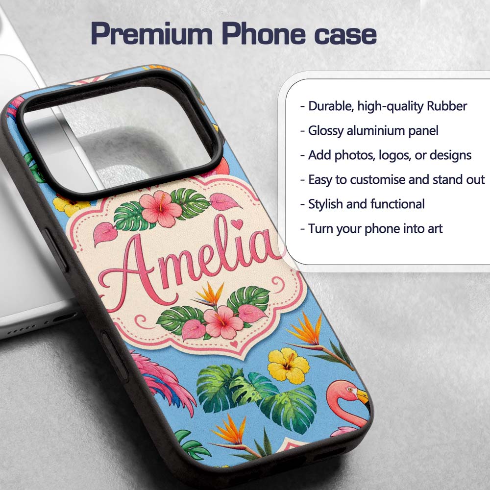 Tropical Flamingo with Hibiscus Printed Design Custom Name Protective Phone Case Mobile Cover Durable Everyday Smartphone Shock Resistant