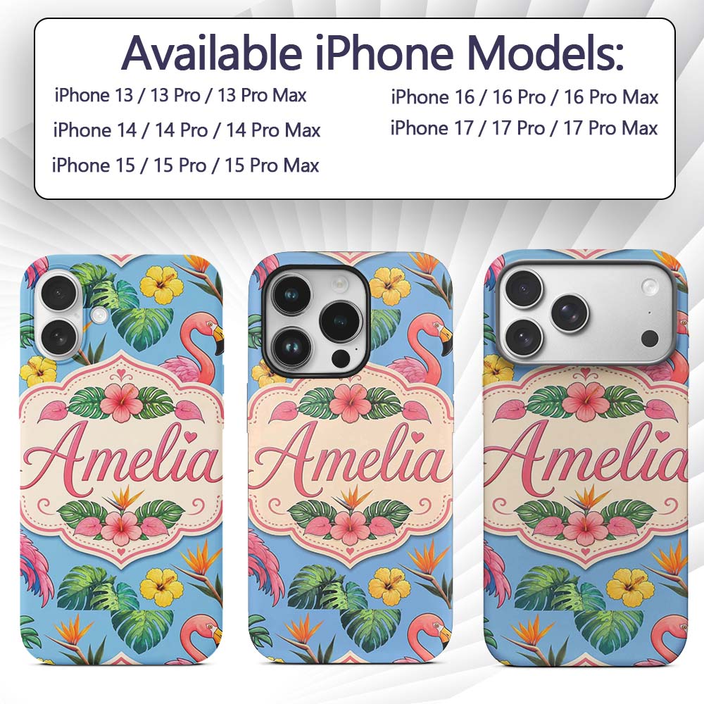 Tropical Flamingo with Hibiscus Printed Design Custom Name Protective Phone Case Mobile Cover Durable Everyday Smartphone Shock Resistant