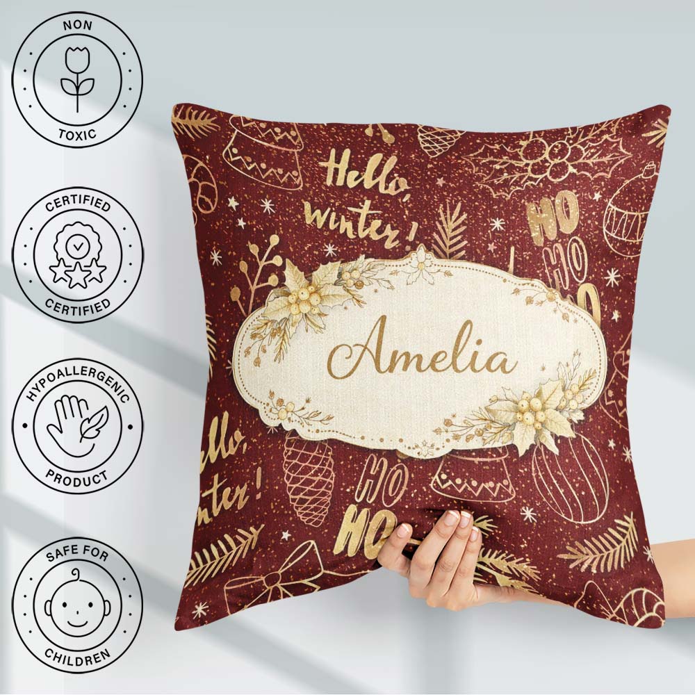 Custom Name Christmas Gold Foil Typography Tree Festive Seamless Square Filled Cushion Throw Pillow Sofa Bed Home Decor Zip Washable UK Made