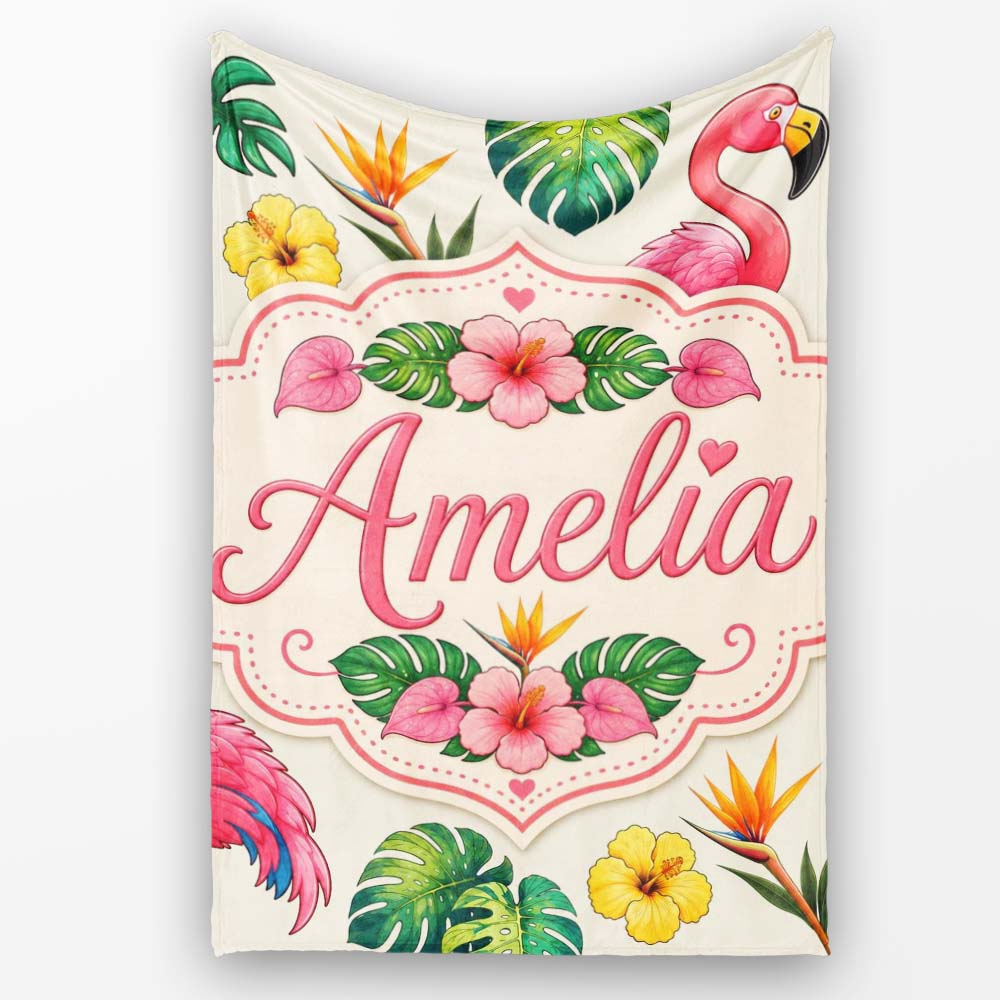 Tropical Flamingo with Hibiscus Flowers and Leaves Cream Background Personalised Custom Name Super Soft Fleece Blanket Bed Sofa Throw