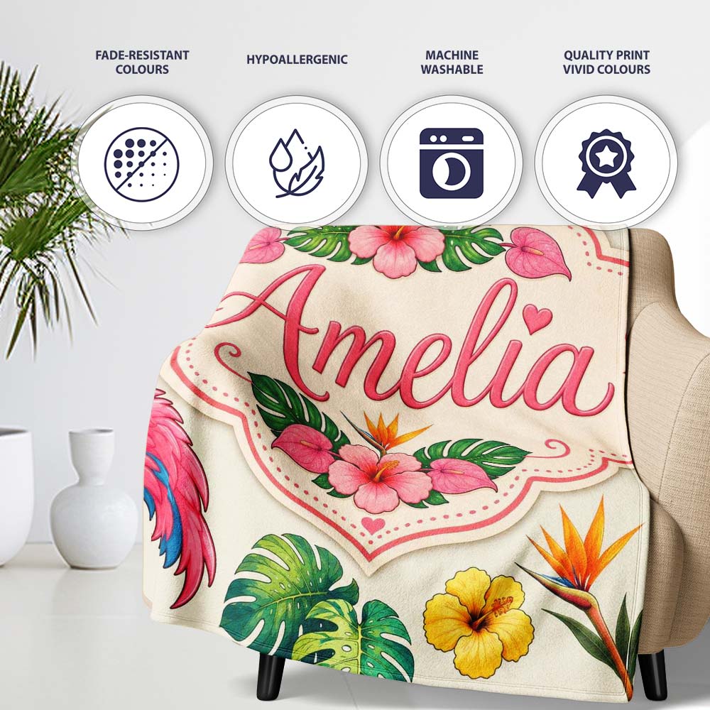 Tropical Flamingo with Hibiscus Flowers and Leaves Cream Background Personalised Custom Name Super Soft Fleece Blanket Bed Sofa Throw