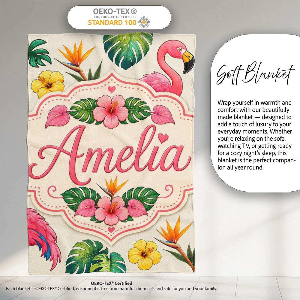 Tropical Flamingo with Hibiscus Flowers and Leaves Cream Background Personalised Custom Name Super Soft Fleece Blanket Bed Sofa Throw