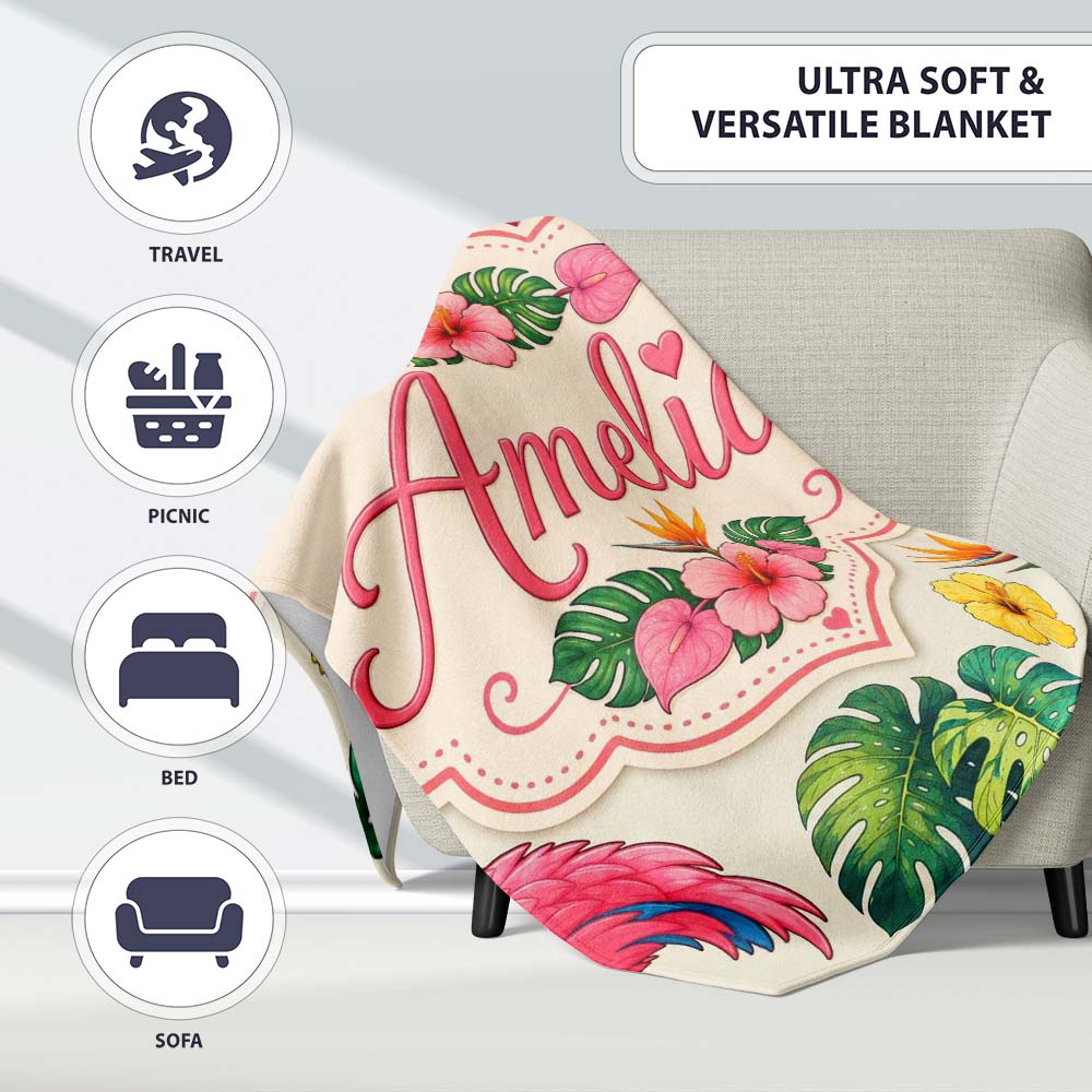 Tropical Flamingo with Hibiscus Flowers and Leaves Cream Background Personalised Custom Name Super Soft Fleece Blanket Bed Sofa Throw