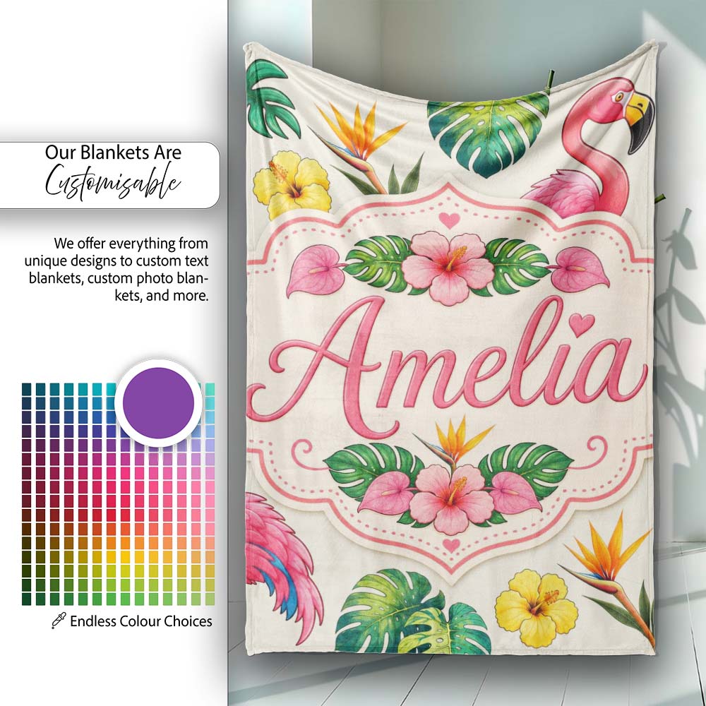 Tropical Flamingo with Hibiscus Flowers and Leaves Cream Background Personalised Custom Name Super Soft Fleece Blanket Bed Sofa Throw