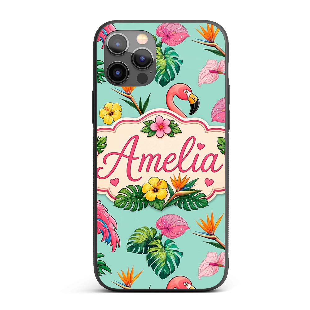 Tropical Flamingo with Hibiscus Printed Design Custom Name Protective Phone Case Mobile Cover Durable Everyday Smartphone Shock Resistant
