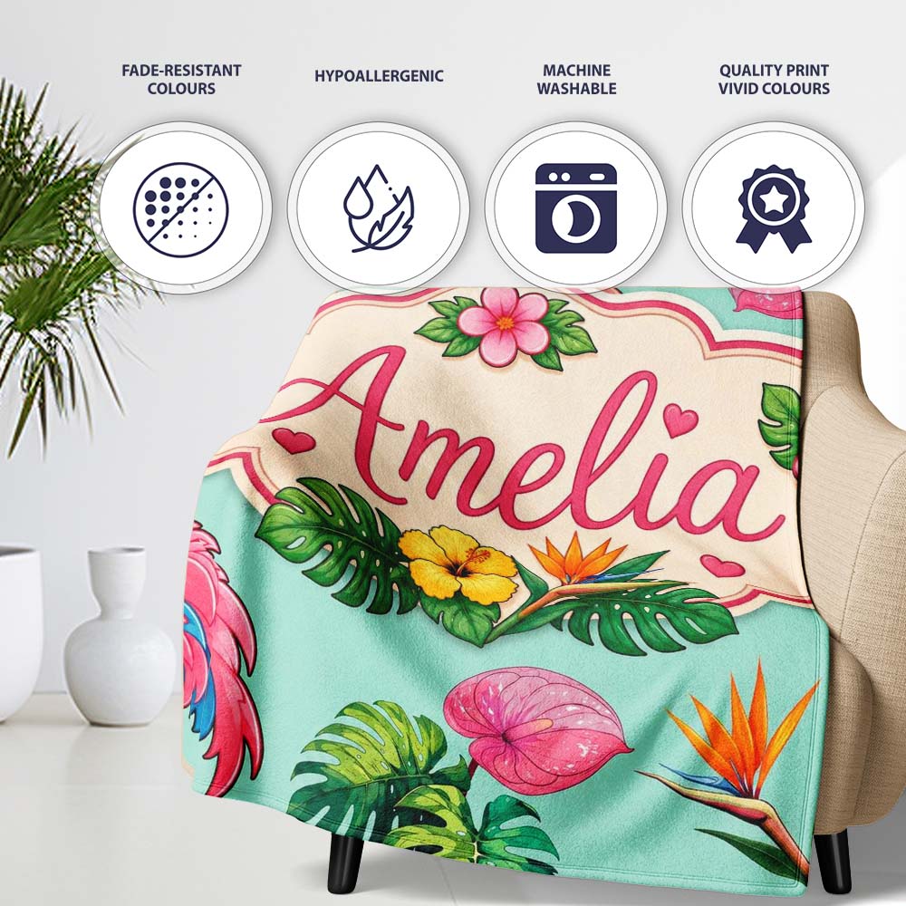 Tropical Flamingo with Hibiscus Flowers and Leaves Mint Background Personalised Custom Name Super Soft Fleece Blanket Bed Sofa Throw