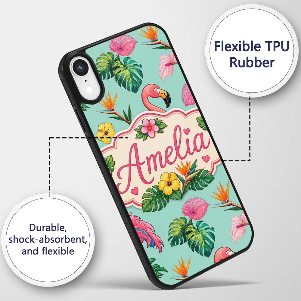Tropical Flamingo with Hibiscus Printed Design Custom Name Protective Phone Case Mobile Cover Durable Everyday Smartphone Shock Resistant