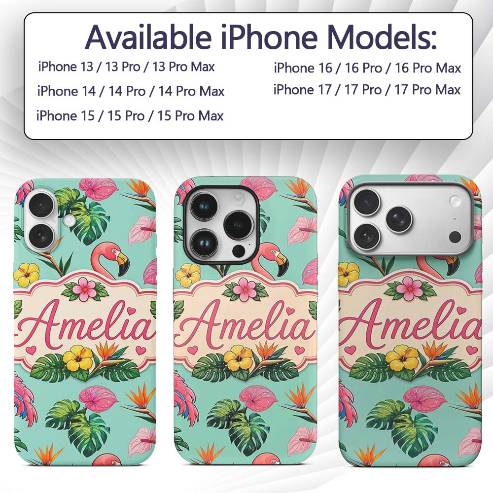 Tropical Flamingo with Hibiscus Printed Design Custom Name Protective Phone Case Mobile Cover Durable Everyday Smartphone Shock Resistant