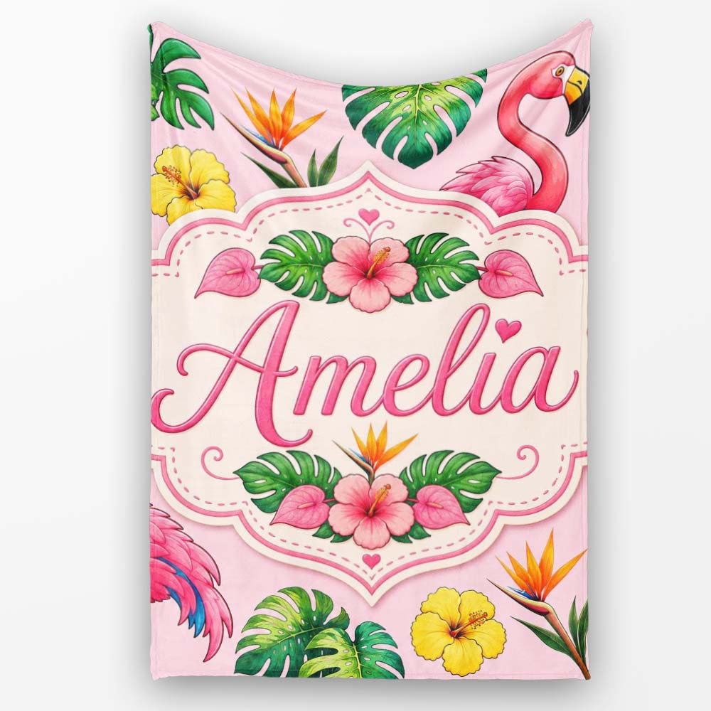 Tropical Flamingo with Hibiscus Flowers and Leaves Soft Pink Lovely Personalised Custom Name Super Soft Fleece Blanket Bed Sofa Throw