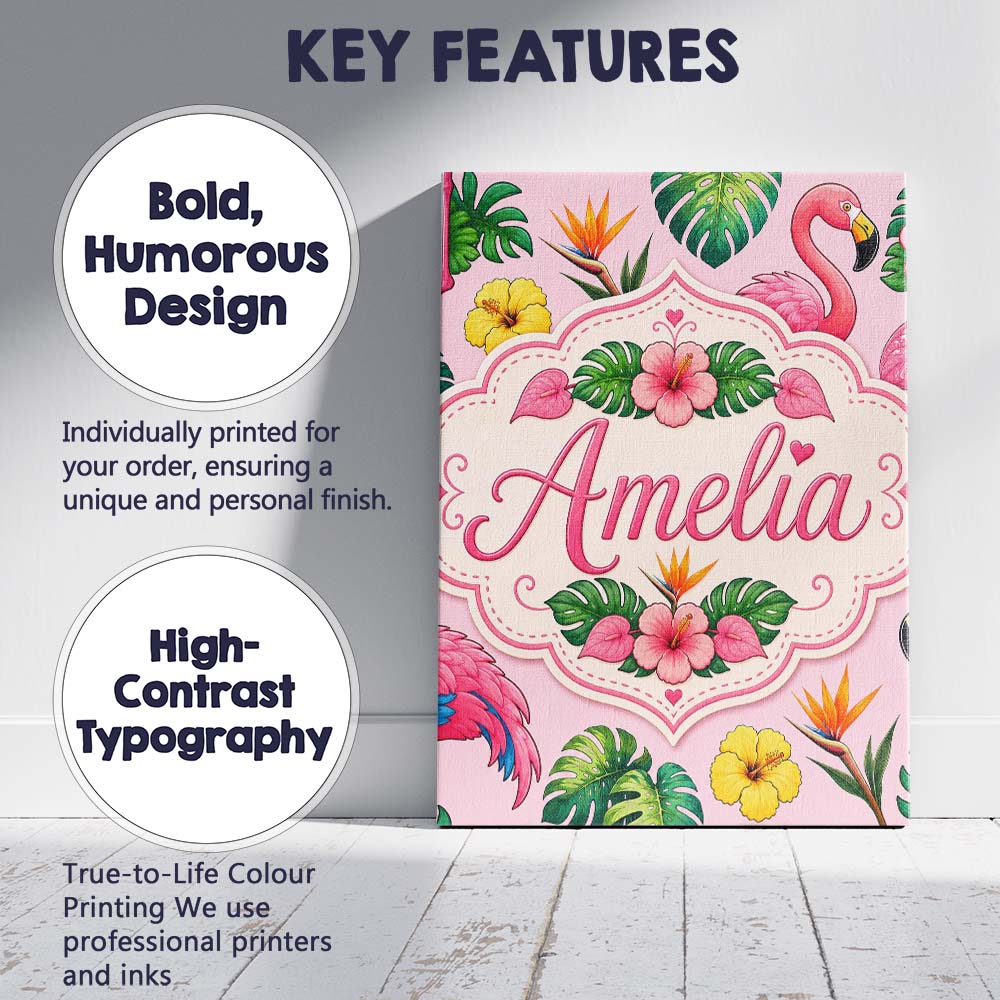 Personalised Name Tropical Flamingo with Custom Unique Gift Idea Elegant Feature Canvas Wall Art Print Decor Picture Ready to Hang