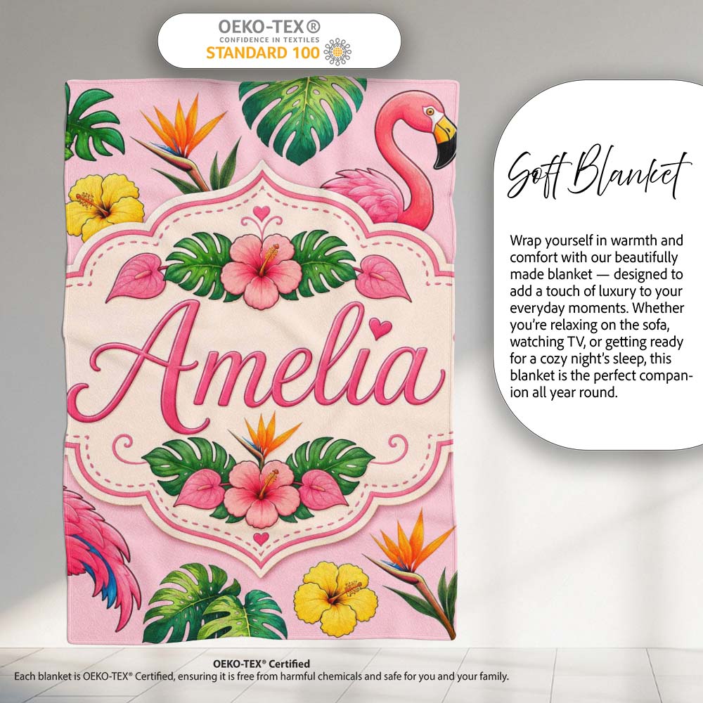 Tropical Flamingo with Hibiscus Flowers and Leaves Soft Pink Lovely Personalised Custom Name Super Soft Fleece Blanket Bed Sofa Throw