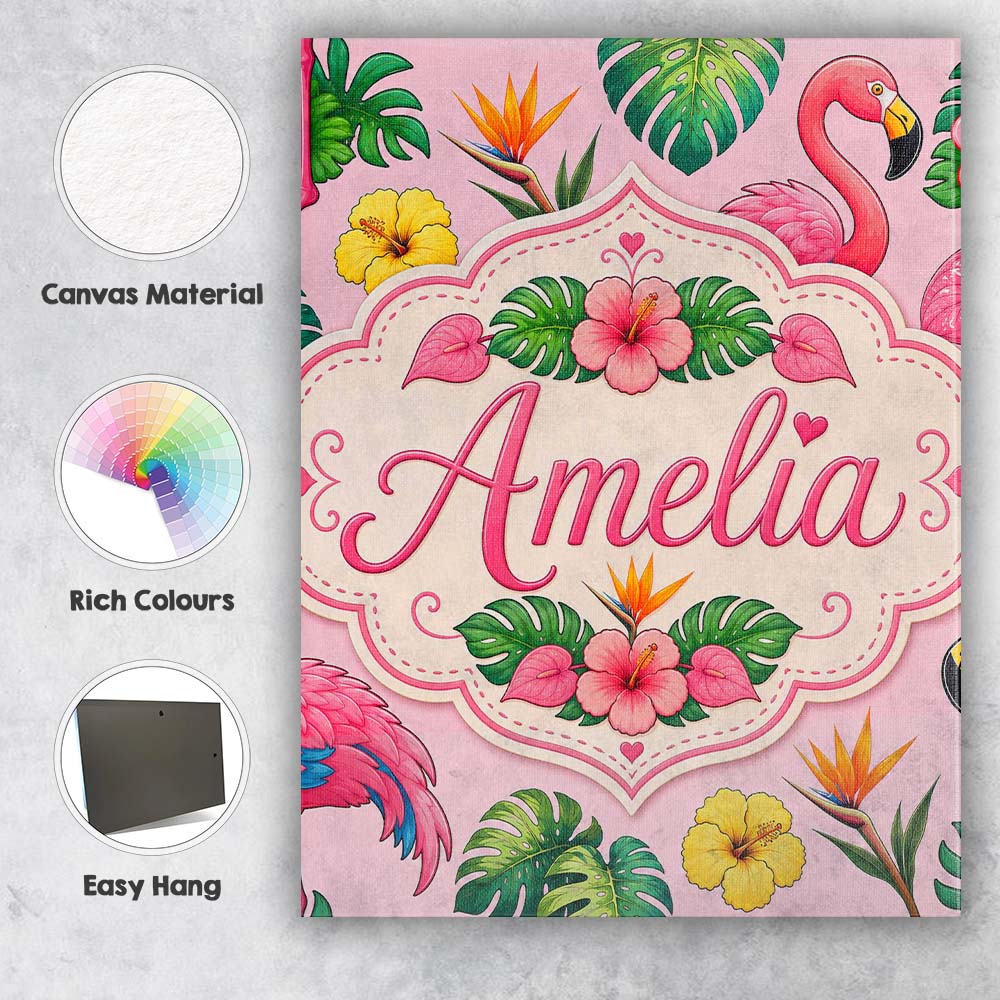 Personalised Name Tropical Flamingo with Custom Unique Gift Idea Elegant Feature Canvas Wall Art Print Decor Picture Ready to Hang