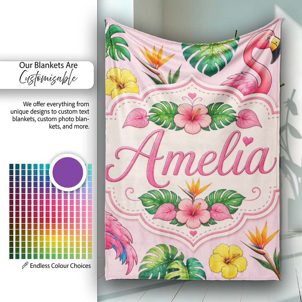 Tropical Flamingo with Hibiscus Flowers and Leaves Soft Pink Lovely Personalised Custom Name Super Soft Fleece Blanket Bed Sofa Throw