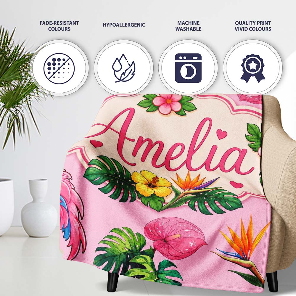Tropical Flamingo with Hibiscus Flowers and Leaves Blush Pink Lovely Personalised Custom Name Super Soft Fleece Blanket Bed Sofa Throw