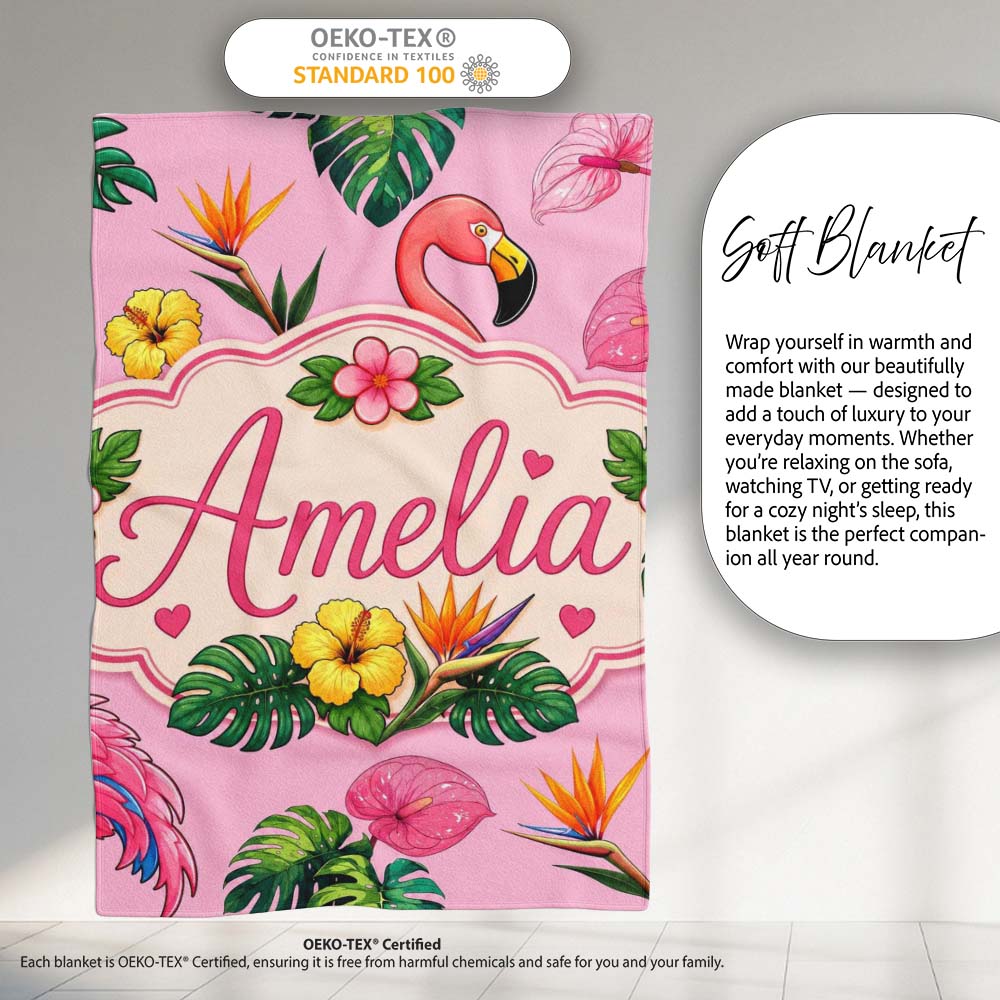 Tropical Flamingo with Hibiscus Flowers and Leaves Blush Pink Lovely Personalised Custom Name Super Soft Fleece Blanket Bed Sofa Throw