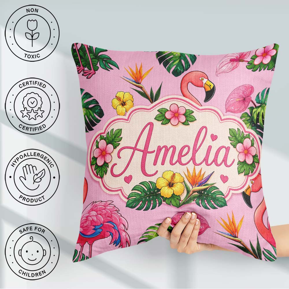 Custom Name Tropical Flamingo with Flowers and Leaves Blush Pink Square Filled Cushion Throw Pillow Sofa Bed Home Decor Zip Washable UK Made