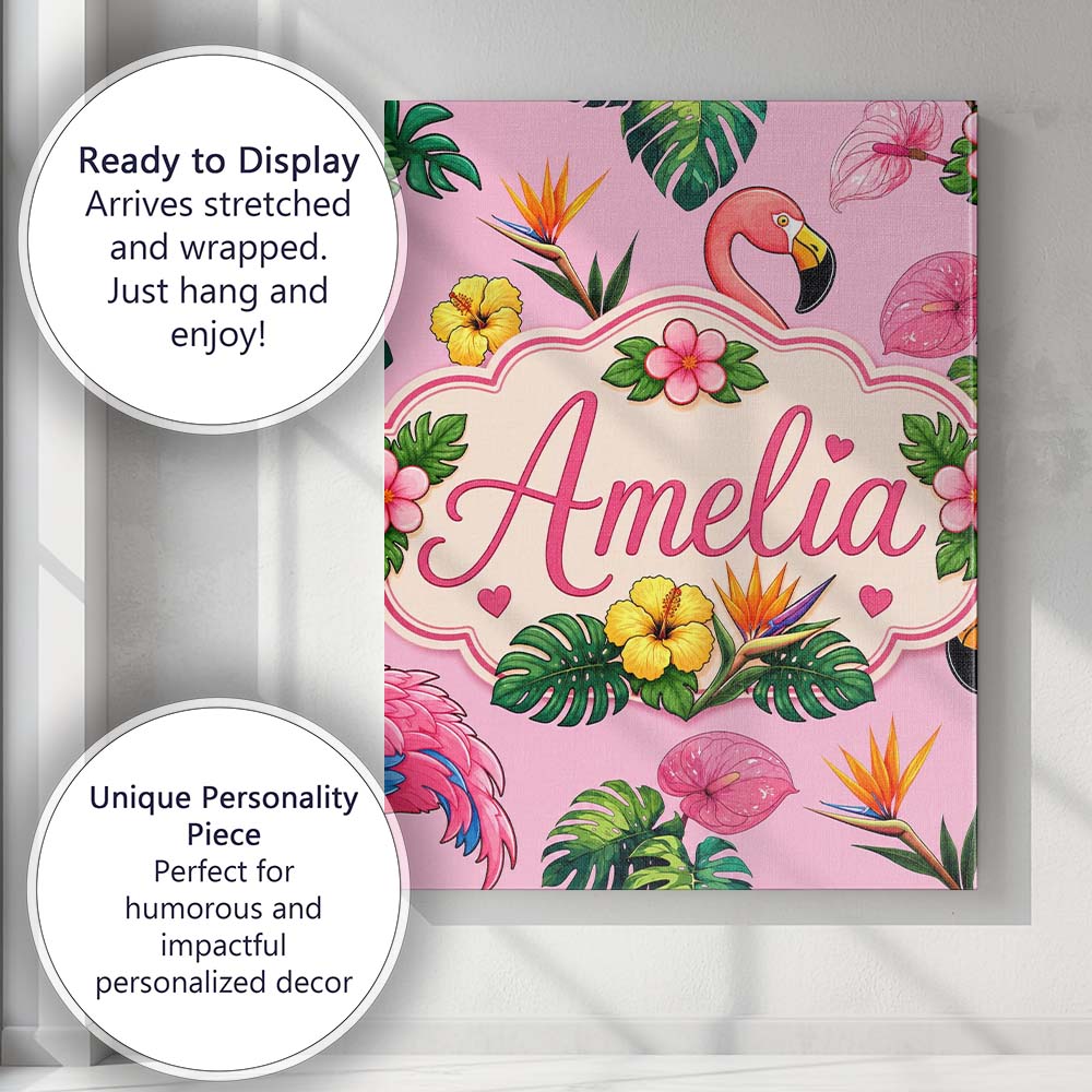 Personalised Name Tropical Flamingo with Custom Unique Gift Idea Elegant Feature Canvas Wall Art Print Decor Picture Ready to Hang