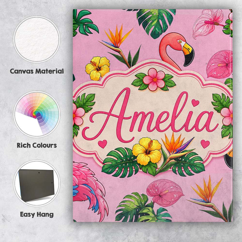 Personalised Name Tropical Flamingo with Custom Unique Gift Idea Elegant Feature Canvas Wall Art Print Decor Picture Ready to Hang
