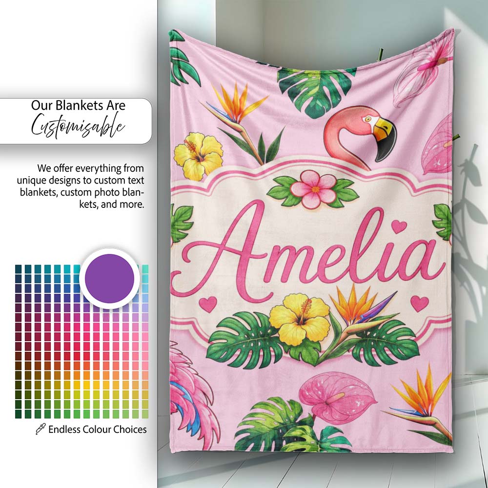 Tropical Flamingo with Hibiscus Flowers and Leaves Blush Pink Lovely Personalised Custom Name Super Soft Fleece Blanket Bed Sofa Throw