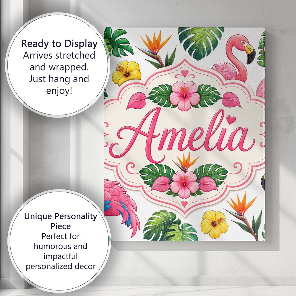 Personalised Name Tropical Flamingo with Custom Unique Gift Idea Elegant Feature Canvas Wall Art Print Decor Picture Ready to Hang