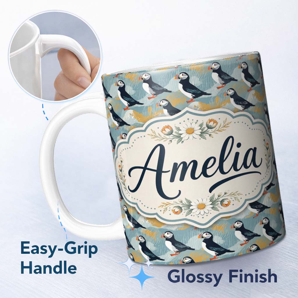 Personalized Custom Name Minimal Puffin Birds with Abstract Waves Seamless Pattern Lovely 11oz Ceramic Coffee Tea Mug White Large Handle