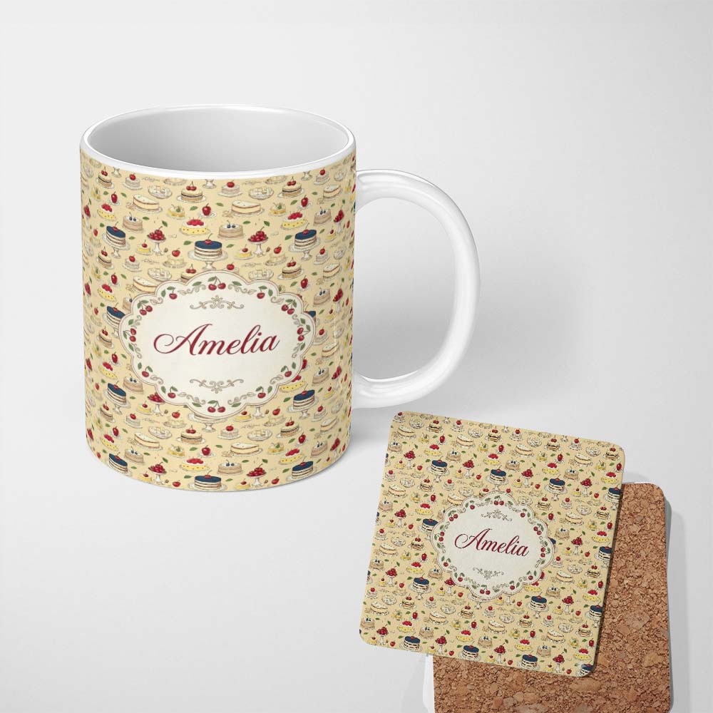 Personalized Custom Name Vintage Cake Dessert Stand Cherry Treat Seamless Pattern Lovely 11oz Ceramic Coffee Tea Mug White Large Handle
