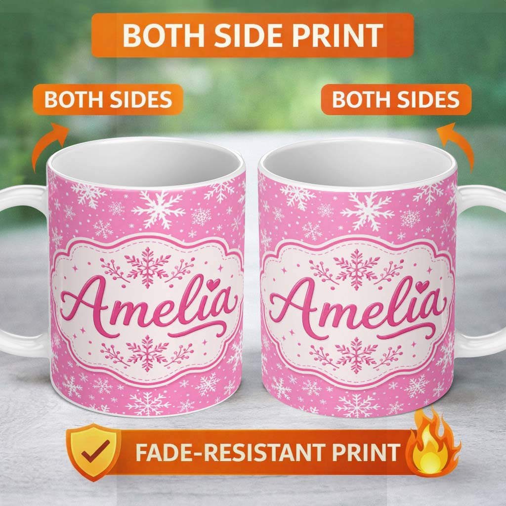 Personalized Custom Name Pink Snowflakes Winter Seamless Pattern Thoughtful Gift Idea Lovely 11oz Ceramic Coffee Tea Mug White Large Handle