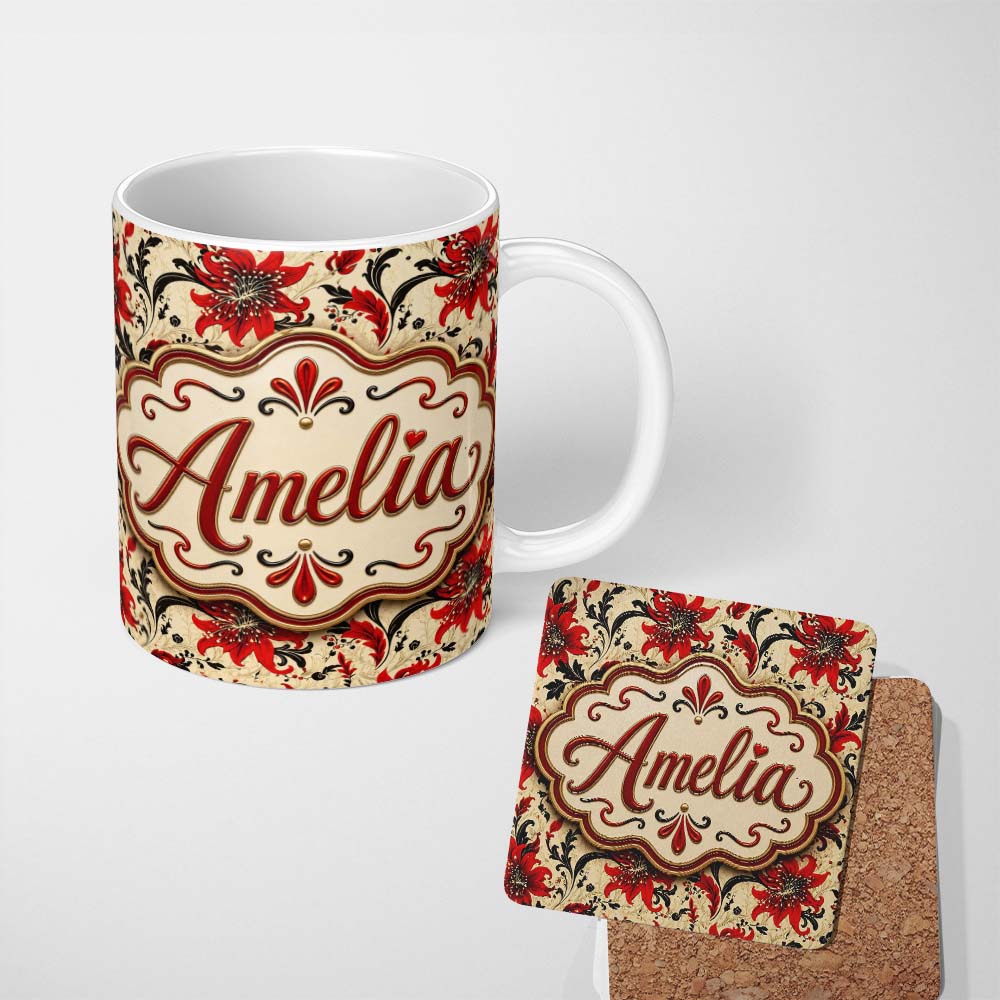 Personalized Custom Name Detailed Red Peony Floral Vintage Seamless Pattern Cute Unique Gift 11oz Ceramic Coffee Tea Mug White Large Handle