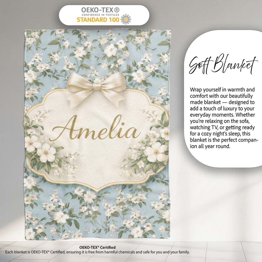 Light Blue Ditsy Floral Small Blossom Repeat Cute Unique Gift Lovely Personalised Custom Name Super Soft Fleece Blanket Bed Sofa Throw