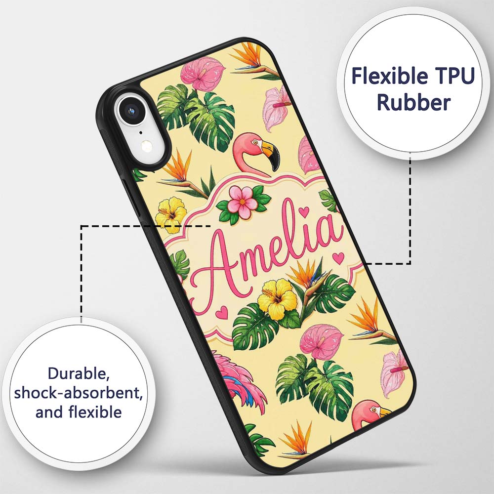 Tropical Flamingo with Hibiscus Printed Design Custom Name Protective Phone Case Mobile Cover Durable Everyday Smartphone Shock Resistant