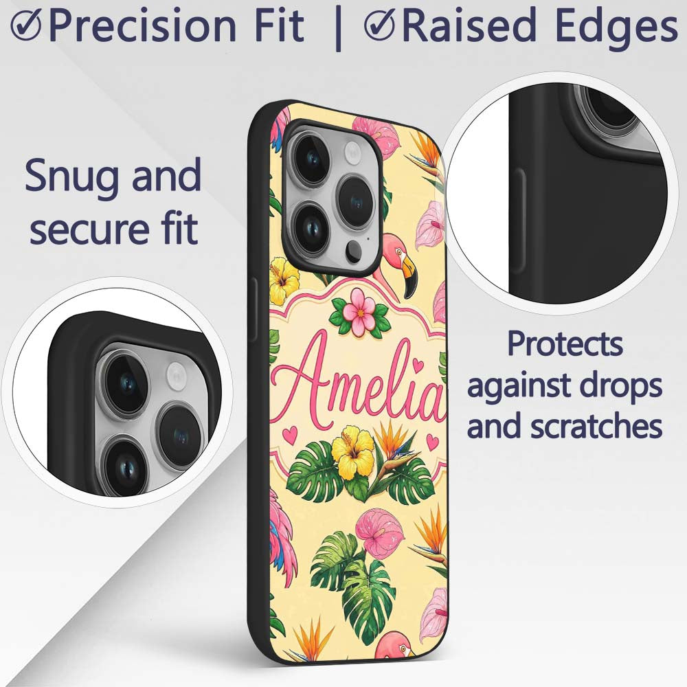 Tropical Flamingo with Hibiscus Printed Design Custom Name Protective Phone Case Mobile Cover Durable Everyday Smartphone Shock Resistant