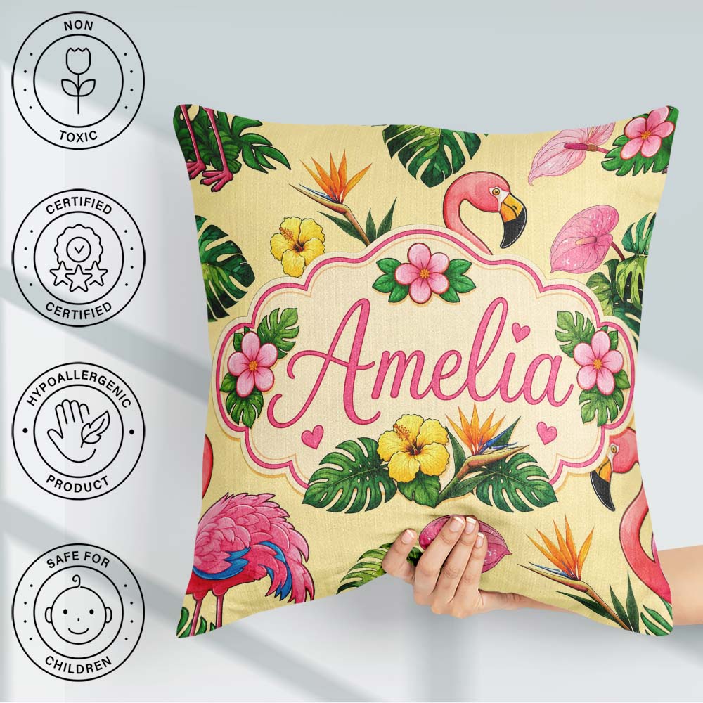 Custom Name Tropical Flamingo Hibiscus Flowers and Leaves Yellow Square Filled Cushion Throw Pillow Sofa Bed Home Decor Zip Washable UK Made