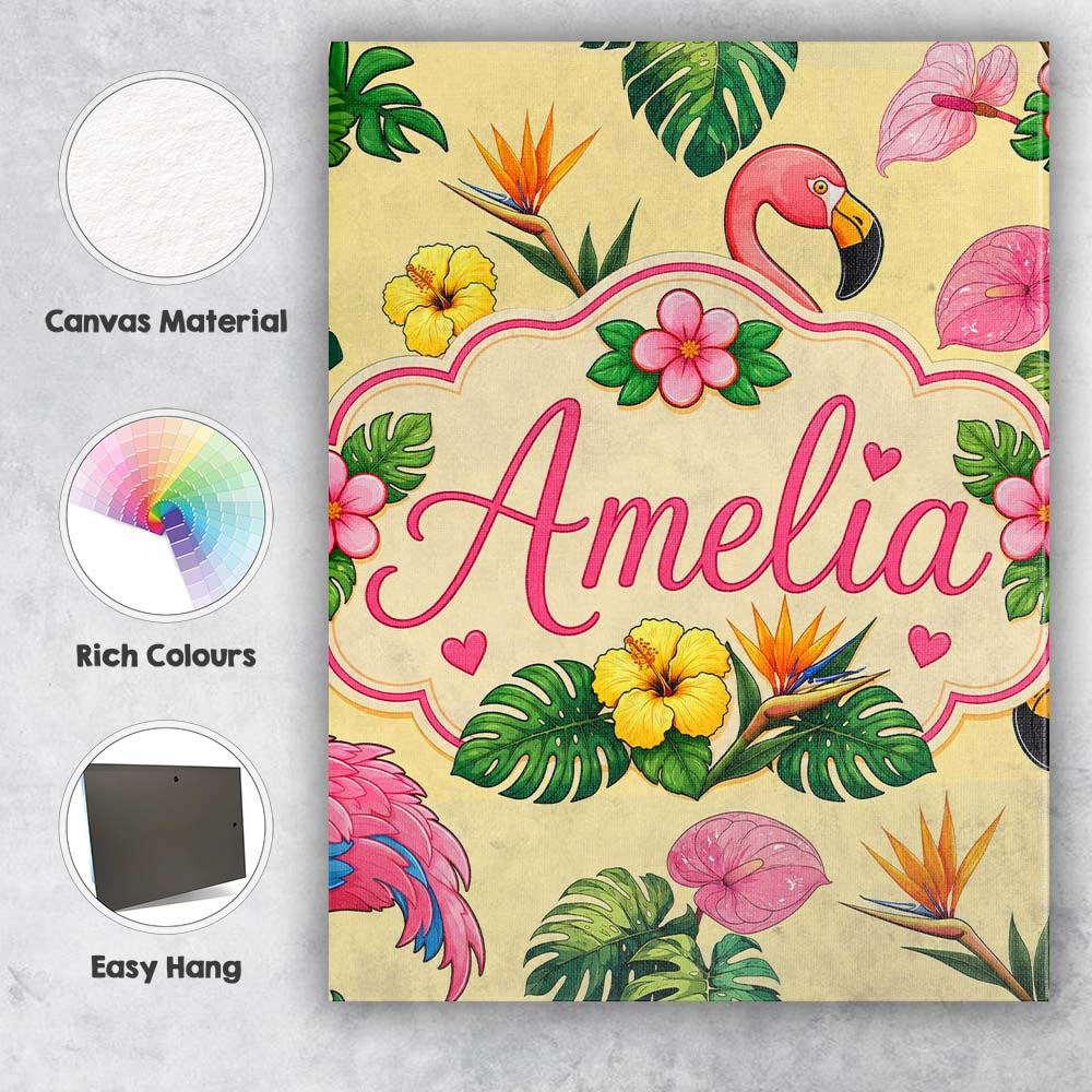 Personalised Name Tropical Flamingo with Custom Unique Gift Idea Elegant Feature Canvas Wall Art Print Decor Picture Ready to Hang