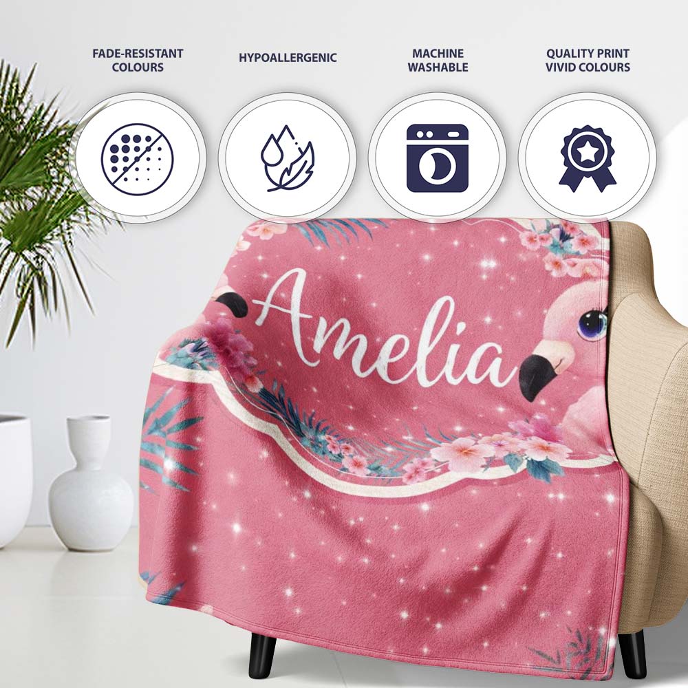 Pink Flamingo Tropical Flowers Sparkle Fantasy Seamless Pattern Personalised Custom Name Super Soft Fleece Blanket Bed Sofa Throw