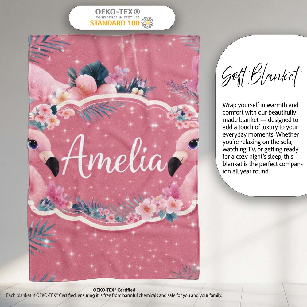 Pink Flamingo Tropical Flowers Sparkle Fantasy Seamless Pattern Personalised Custom Name Super Soft Fleece Blanket Bed Sofa Throw