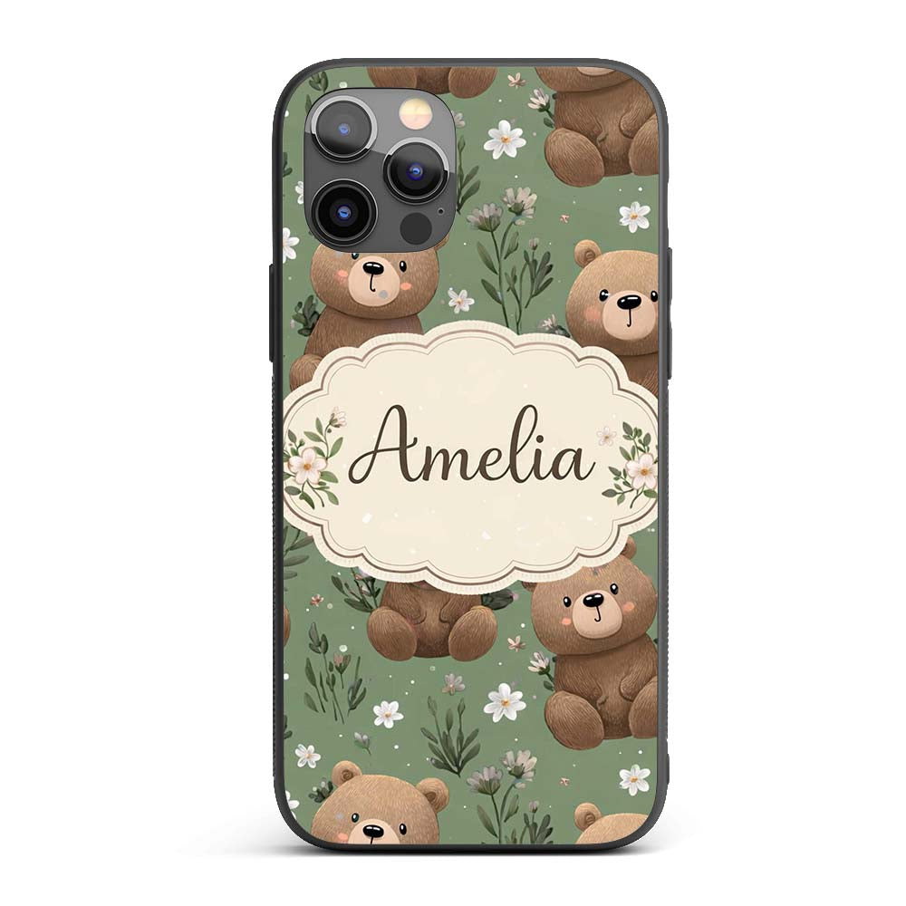 Cute Teddy Bears with Floral Elements Seamless Custom Name Protective Phone Case Mobile Cover Durable Everyday Smartphone Shock Resistant