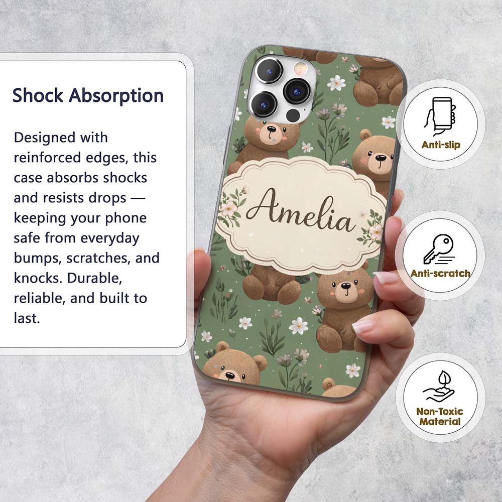 Cute Teddy Bears with Floral Elements Seamless Custom Name Protective Phone Case Mobile Cover Durable Everyday Smartphone Shock Resistant