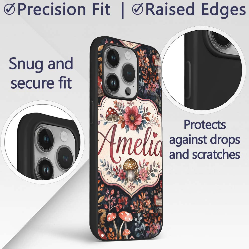 Vintage Mushrooms Books and Floral Dark Botanical Custom Name Protective Phone Case Mobile Cover Durable Everyday Smartphone Shock Resistant