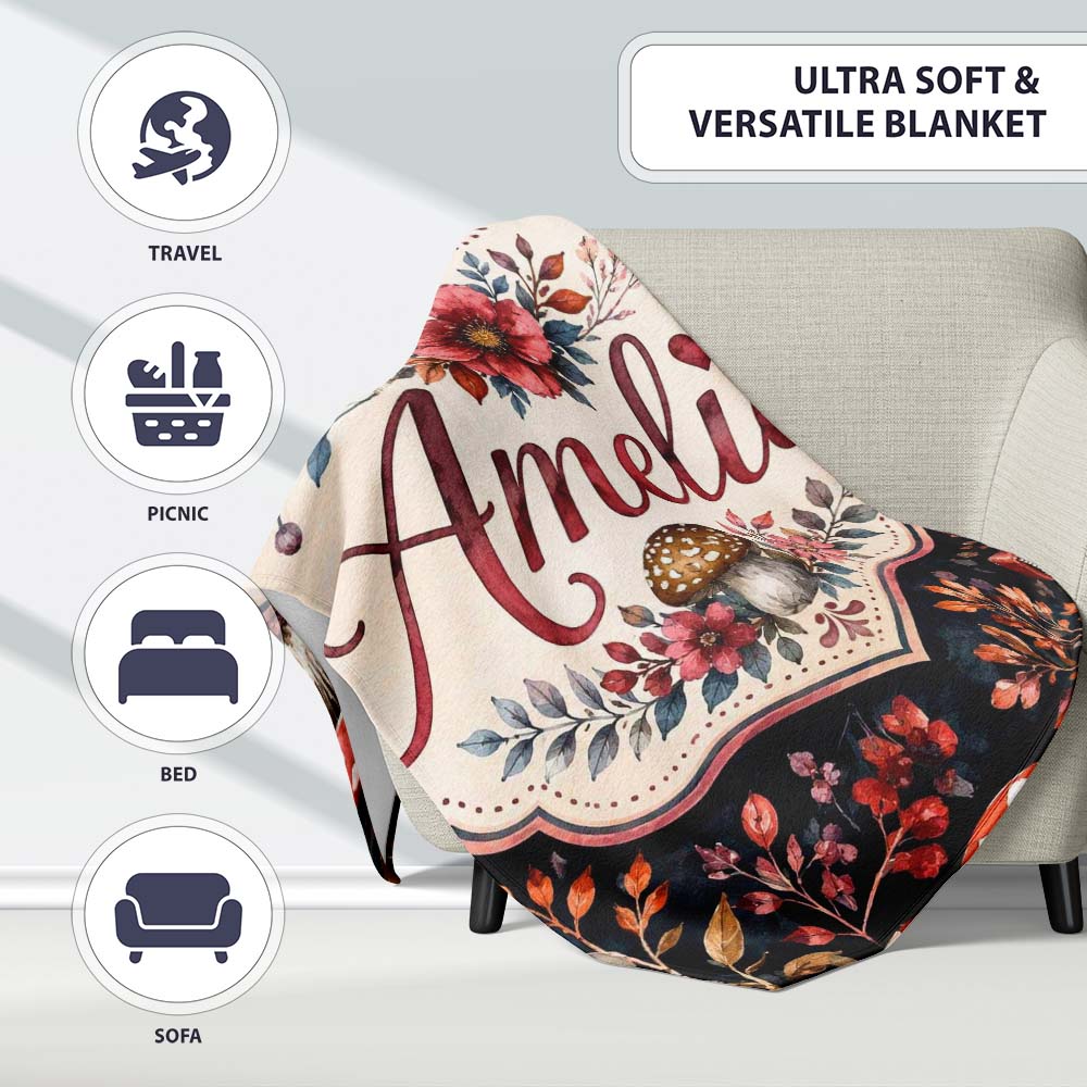Vintage Mushrooms Books and Floral Dark Botanical Seamless Pattern Personalised Custom Name Super Soft Fleece Blanket Bed Sofa Throw