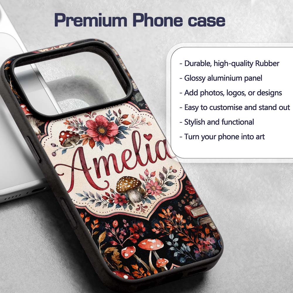 Vintage Mushrooms Books and Floral Dark Botanical Custom Name Protective Phone Case Mobile Cover Durable Everyday Smartphone Shock Resistant
