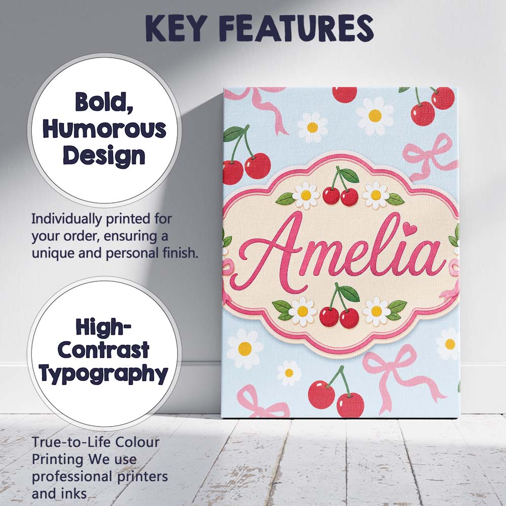 Personalised Name Cute Cherries Daisies and Custom Bespoke Interior Contemporary Canvas Wall Art Print Decor Picture Ready to Hang