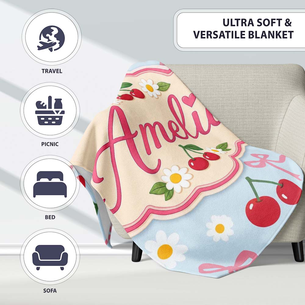 Cute Cherries Daisies and Bows Pastel Seamless Pattern Blue Lovely Personalised Custom Name Super Soft Fleece Blanket Bed Sofa Throw
