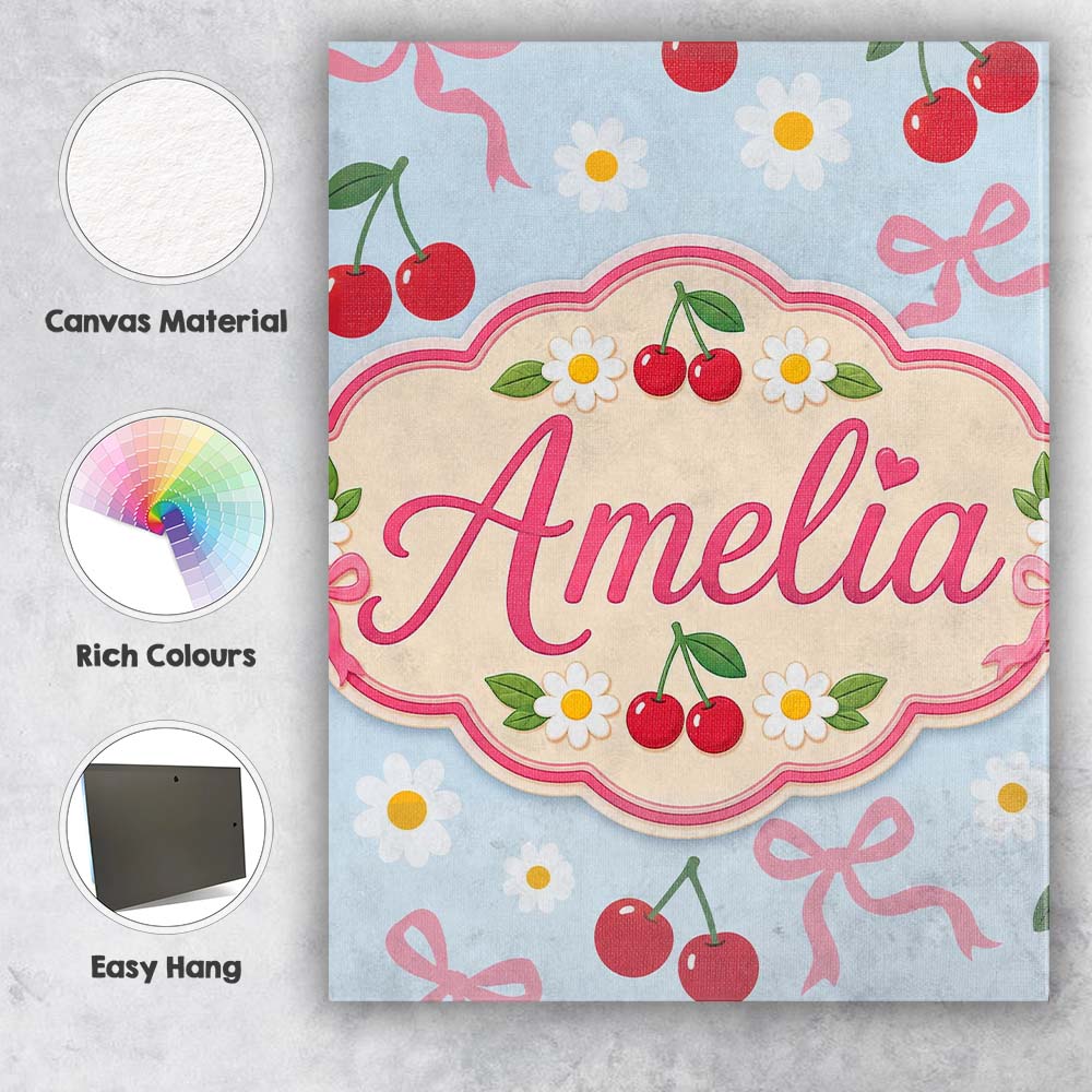 Personalised Name Cute Cherries Daisies and Custom Bespoke Interior Contemporary Canvas Wall Art Print Decor Picture Ready to Hang