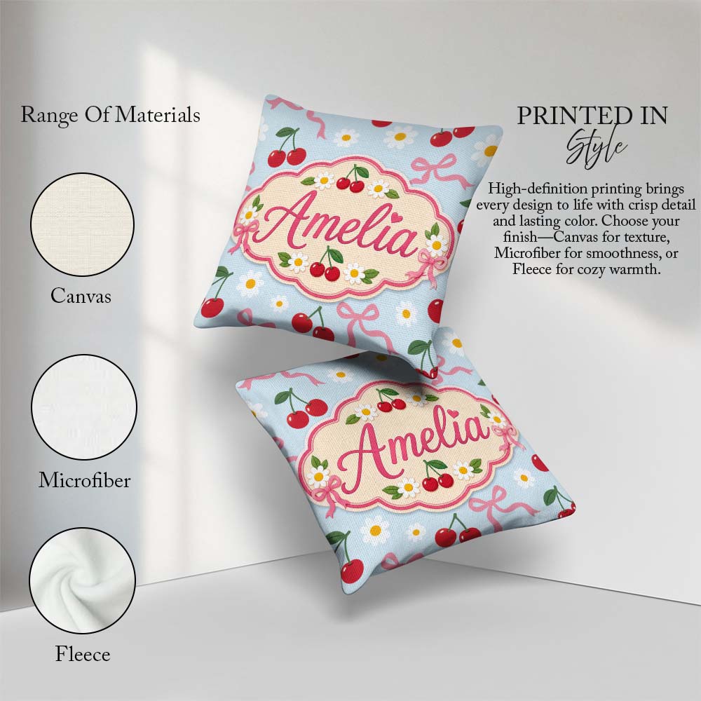 Custom Name Cute Cherries Daisies and Bows Seamless Pattern Blue Square Filled Cushion Throw Pillow Sofa Bed Home Decor Zip Washable UK Made