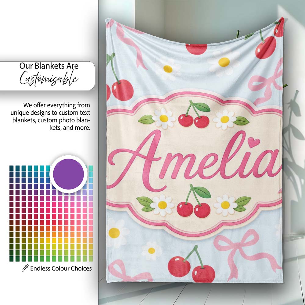 Cute Cherries Daisies and Bows Pastel Seamless Pattern Blue Lovely Personalised Custom Name Super Soft Fleece Blanket Bed Sofa Throw