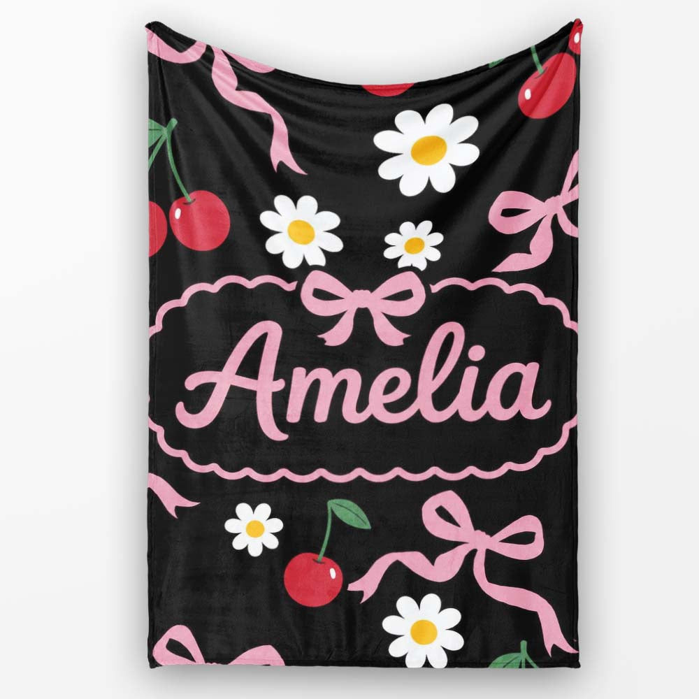 Cute Cherry Bow and Daisy Seamless Pattern on Black Cute Unique Gift Personalised Custom Name Super Soft Fleece Blanket Bed Sofa Throw