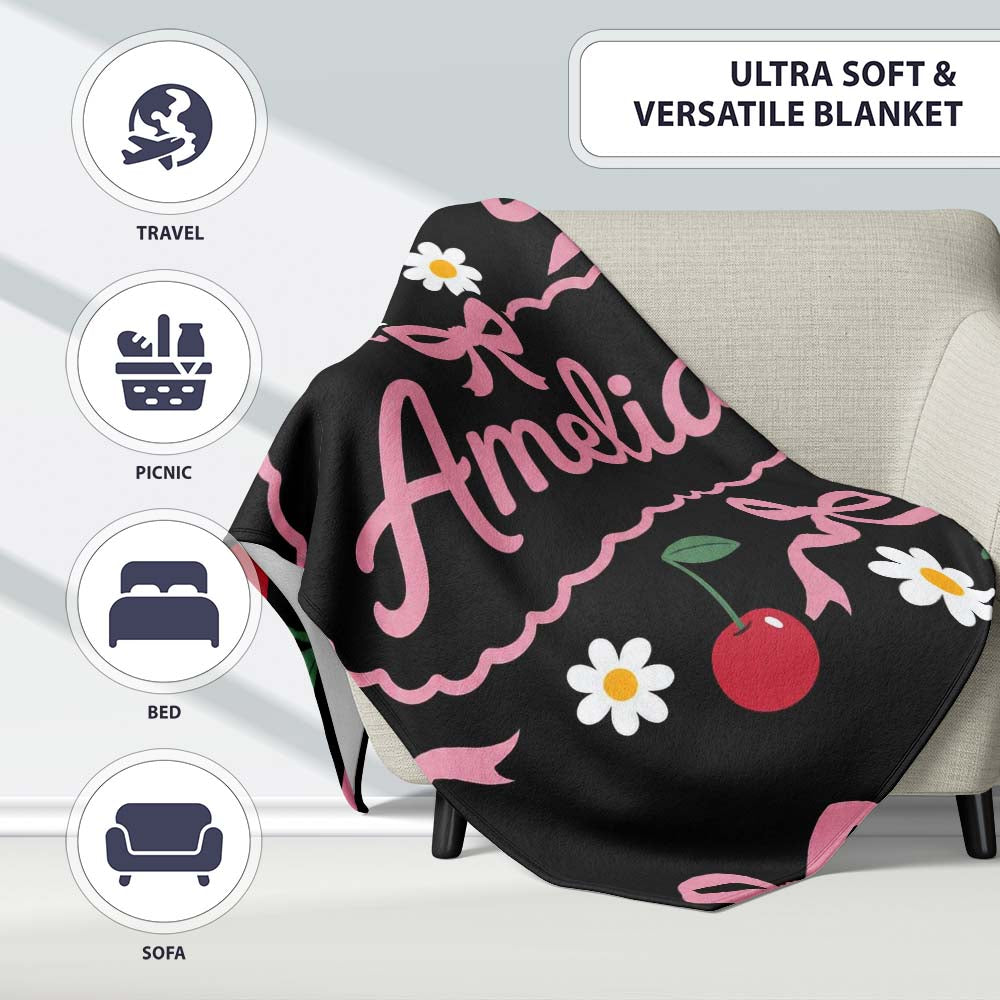 Cute Cherry Bow and Daisy Seamless Pattern on Black Cute Unique Gift Personalised Custom Name Super Soft Fleece Blanket Bed Sofa Throw