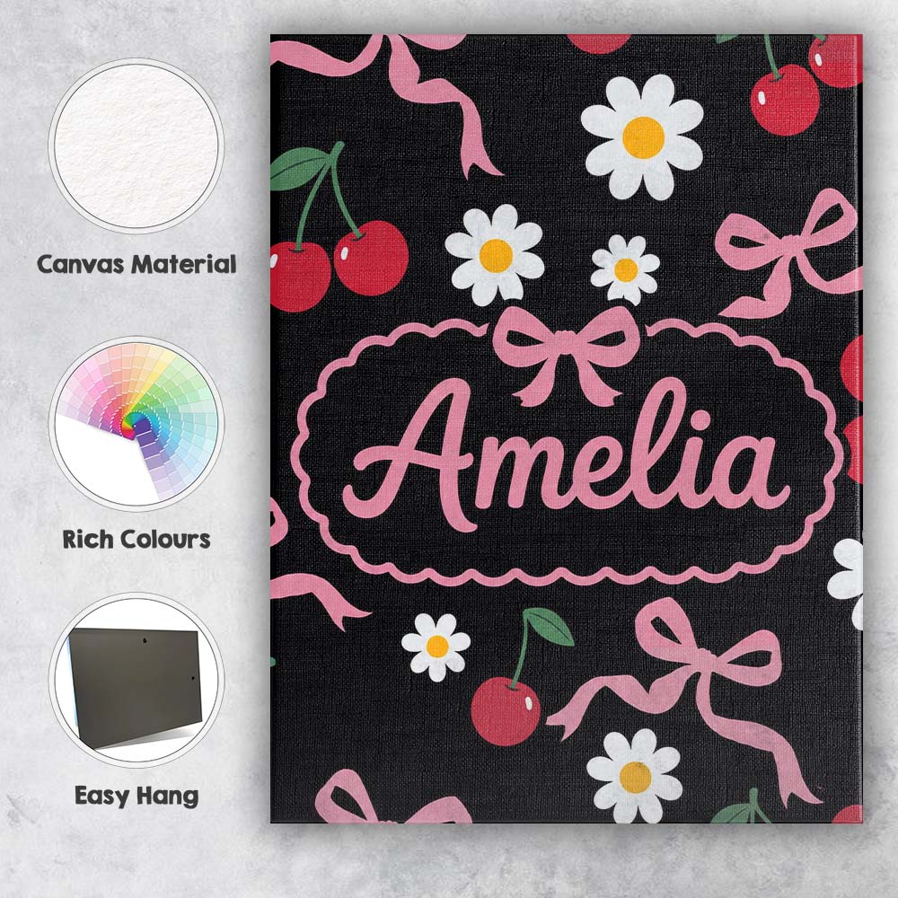 Personalised Name Cute Cherry Bow and Daisy Custom Bespoke Interior Contemporary Canvas Wall Art Print Decor Picture Ready to Hang