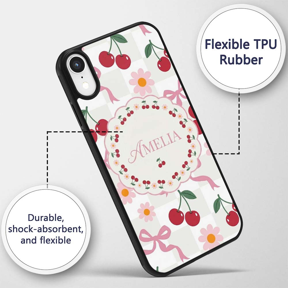 Cute Cherry Bow and Daisy Grey Gingham Seamless Custom Name Protective Phone Case Mobile Cover Durable Everyday Smartphone Shock Resistant