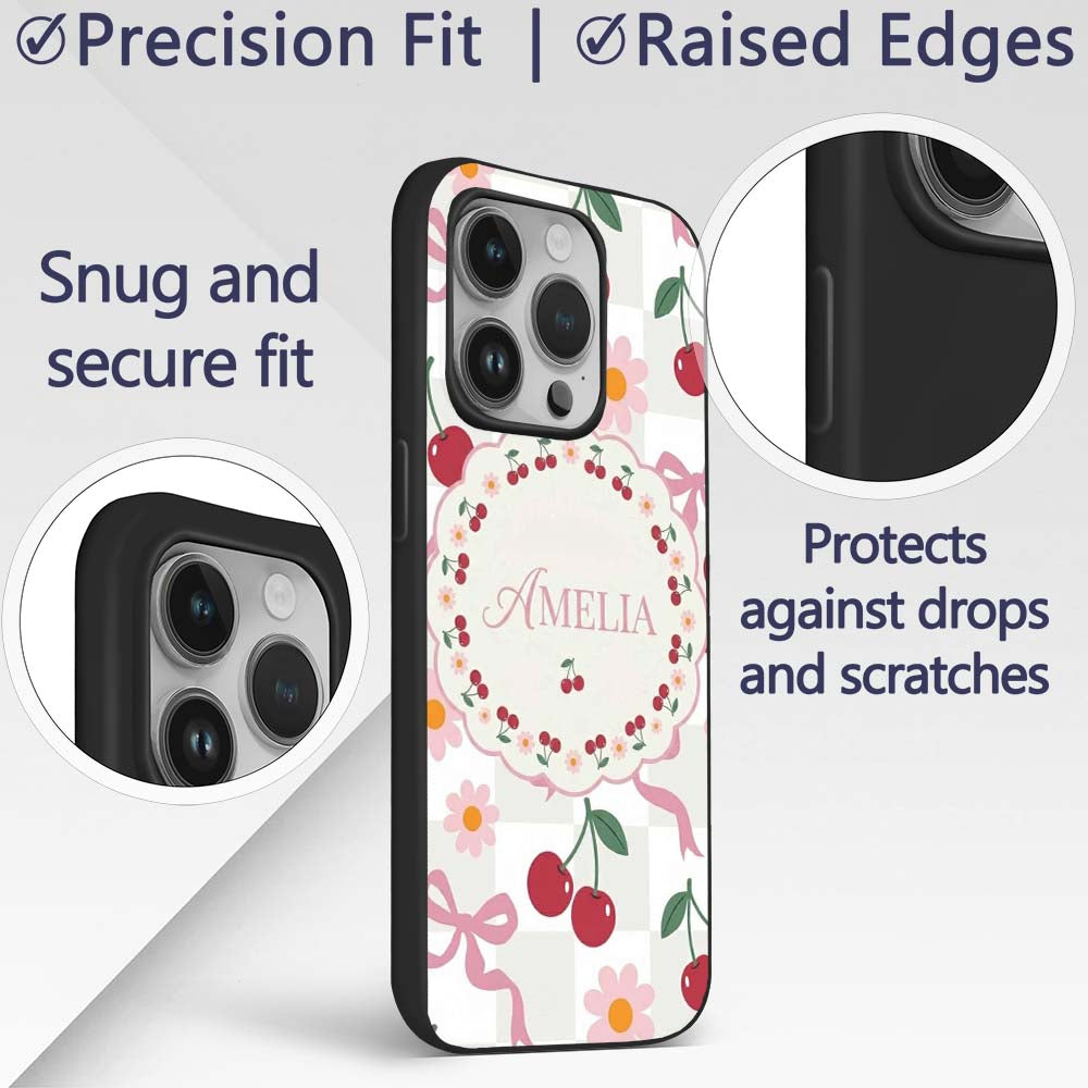 Cute Cherry Bow and Daisy Grey Gingham Seamless Custom Name Protective Phone Case Mobile Cover Durable Everyday Smartphone Shock Resistant